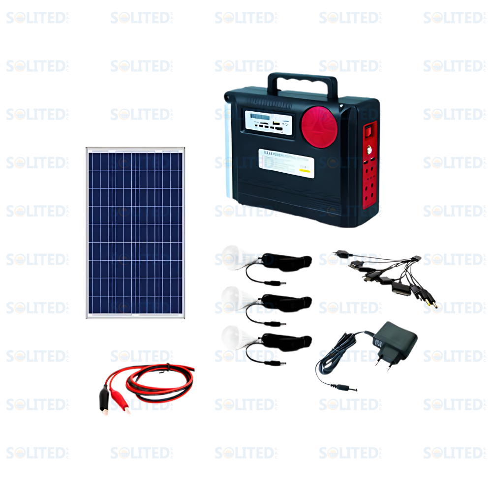 KIT MULTIFUNCIONAL PORTATIL EXCET SOLAR CON 3 FOCOS Y BATERIA INTERNA DE 12V 7AH